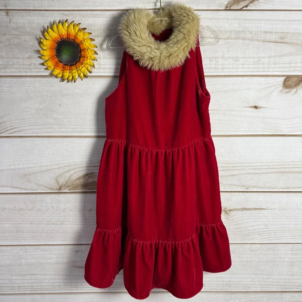 Janie and Jack Red Velvet Dress with Fur Collar Tiered Ruffles Size 8